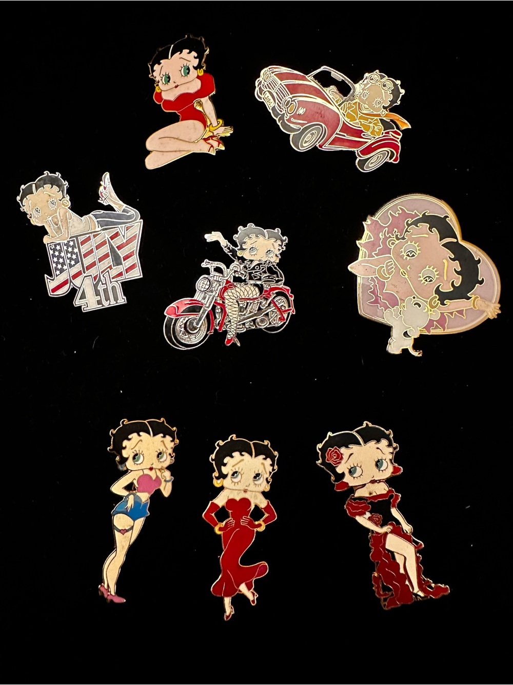 Vintage Betty Boop Enamel Pin/Brooch Lot - Red, Pink, Black Accents/8 pc Lot